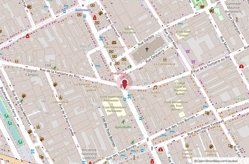 Plan du quartier: Le Vizir est situé au 126 avenue Parmentier, à l'angle de la rue de la Fontaine au Roi, Paris 11e